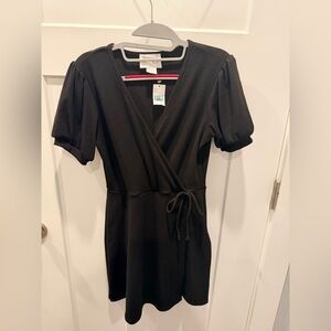 Starlet NWT Black Wrap Dress Medium Ribbed Puff Sleeve Tie Waist Mini Dress